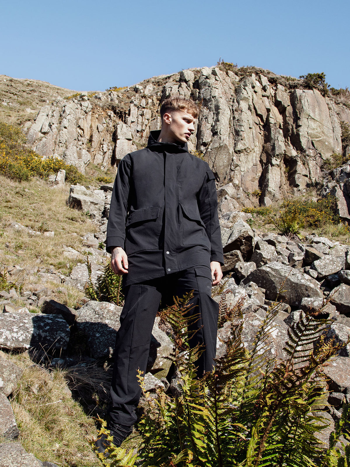 Men's black jacket with zip-up front.