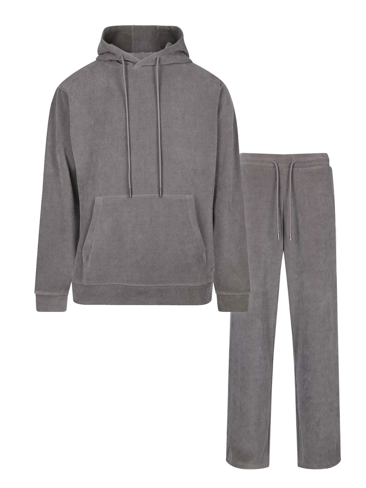 Men's relaxed-fit grey tracksuit with pullover hoodie and matching joggers, front view