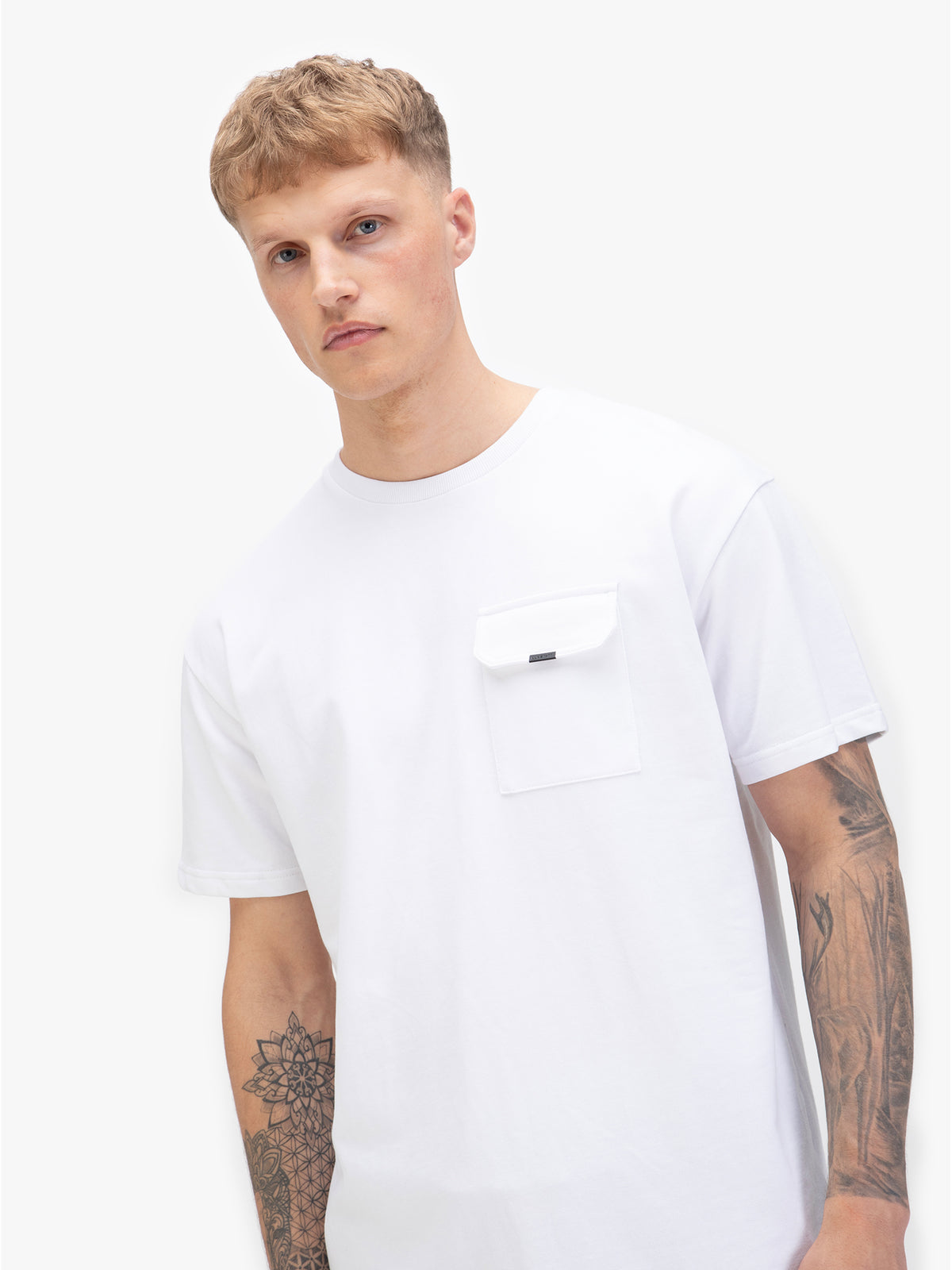 Men's relaxed-fit white t-shirt with crew neck and short sleeves.