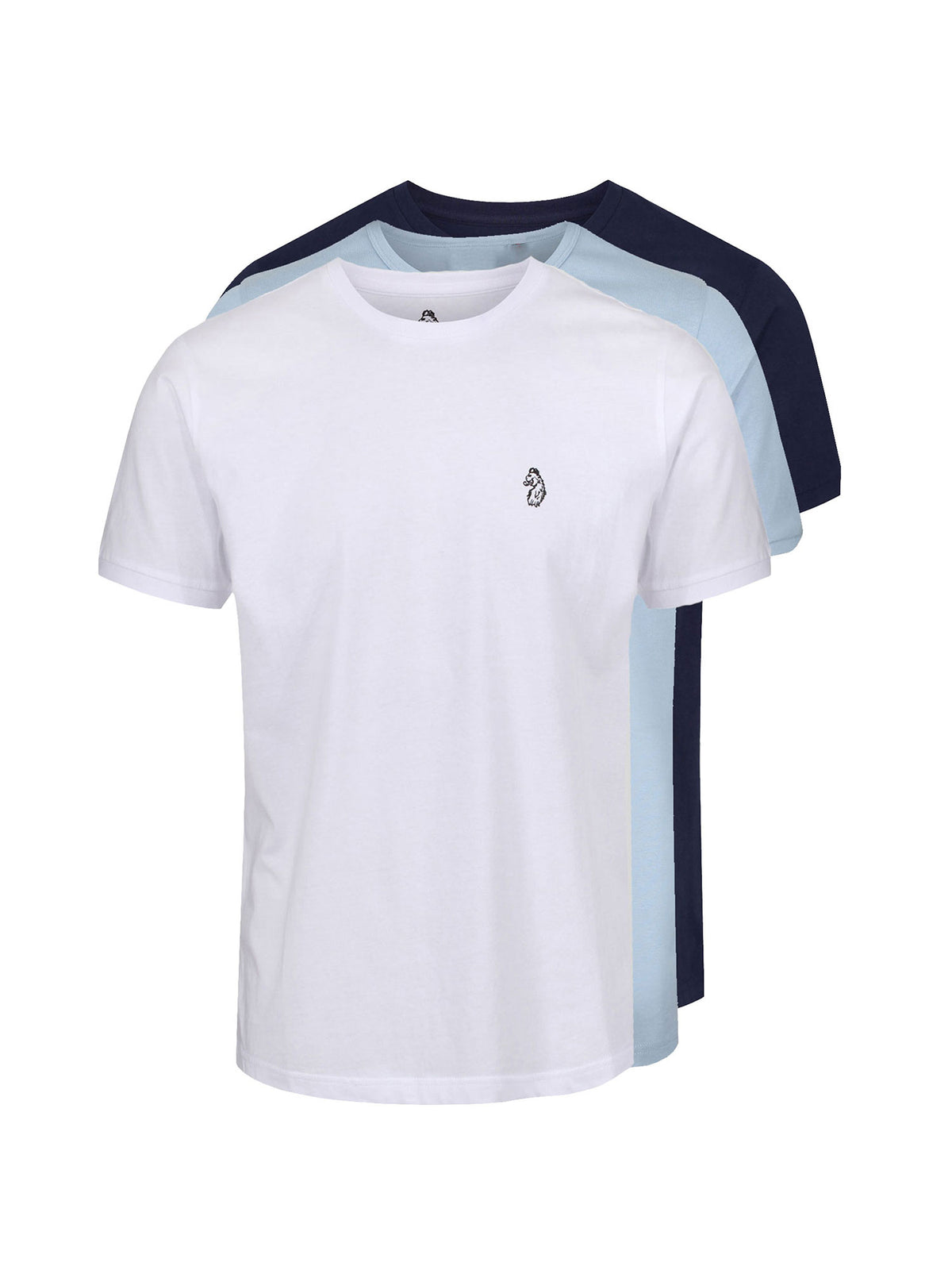 Men's 3 pack t-shirt with crew neck, white, blue & navy - front view.