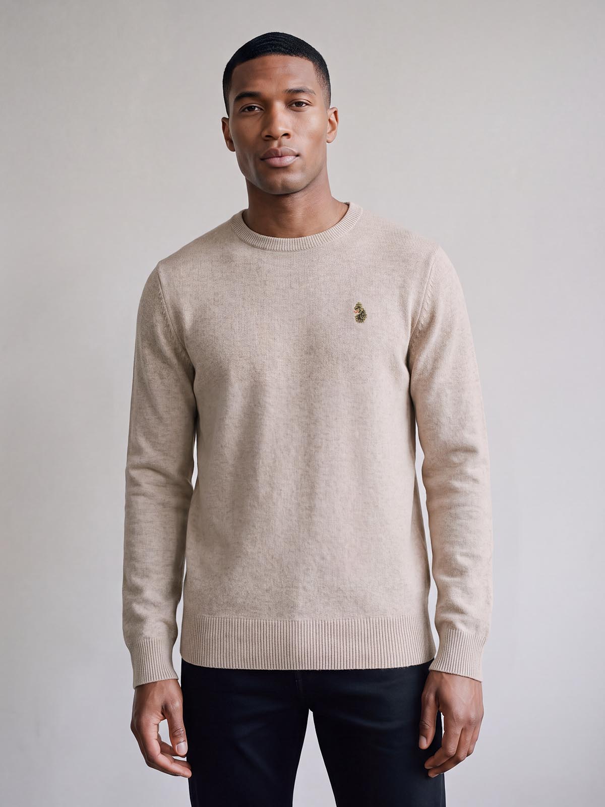 Man wearing stone marle LUKE 1977 Gerard knitted jumper, front view