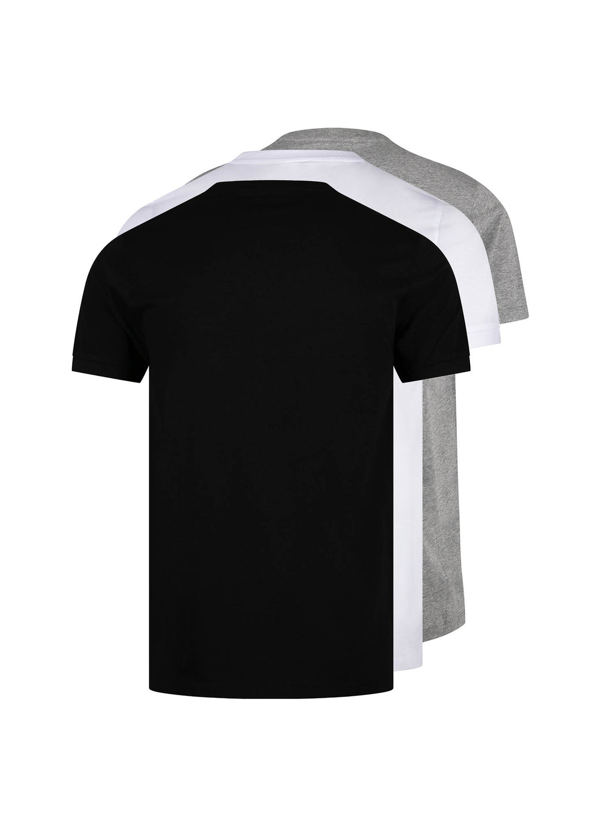 Men's 3 pack t-shirt with crew neck, black, white & grey - back view.