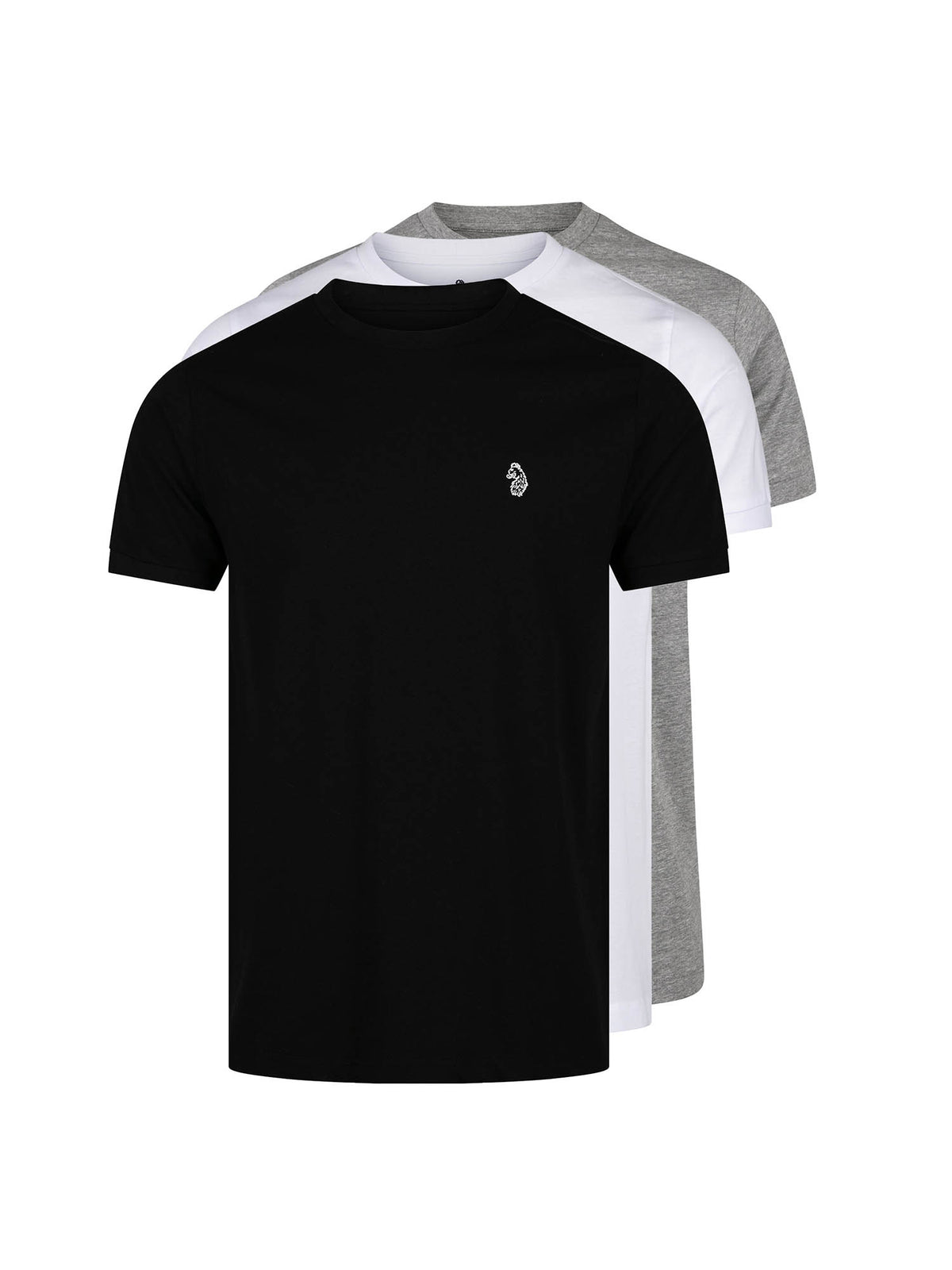 Men's 3 pack t-shirt with crew neck, black, white & grey - front view.