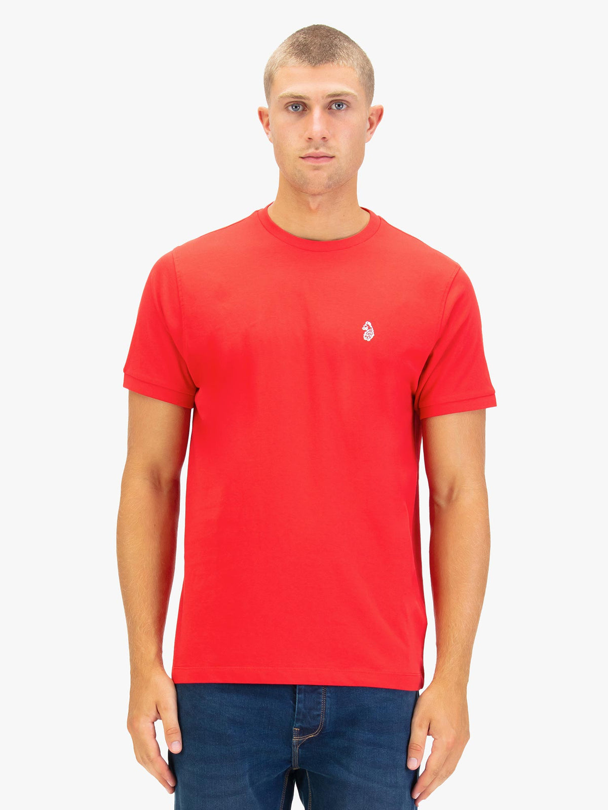 Men's red t-shirt with crew neck worn my a model - front view.