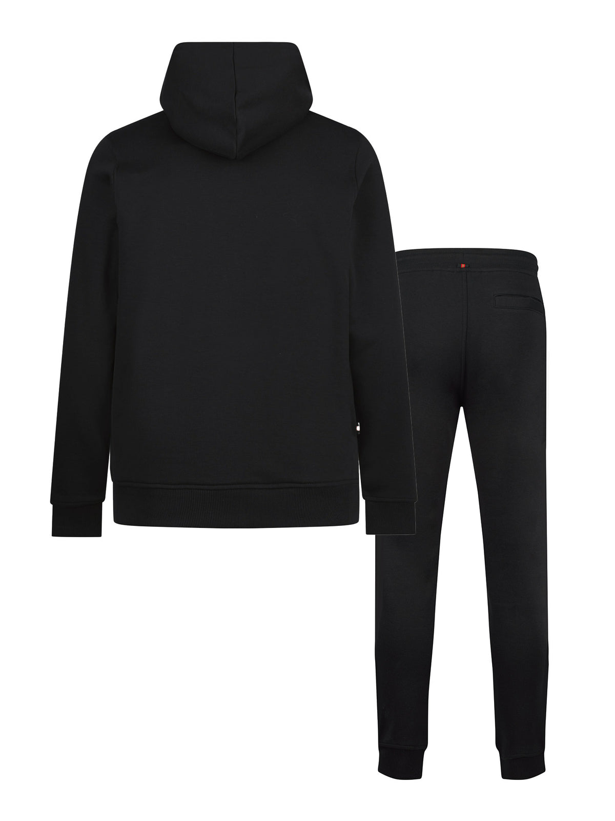 Men's black tracksuit with hoodie and matching joggers, back view.