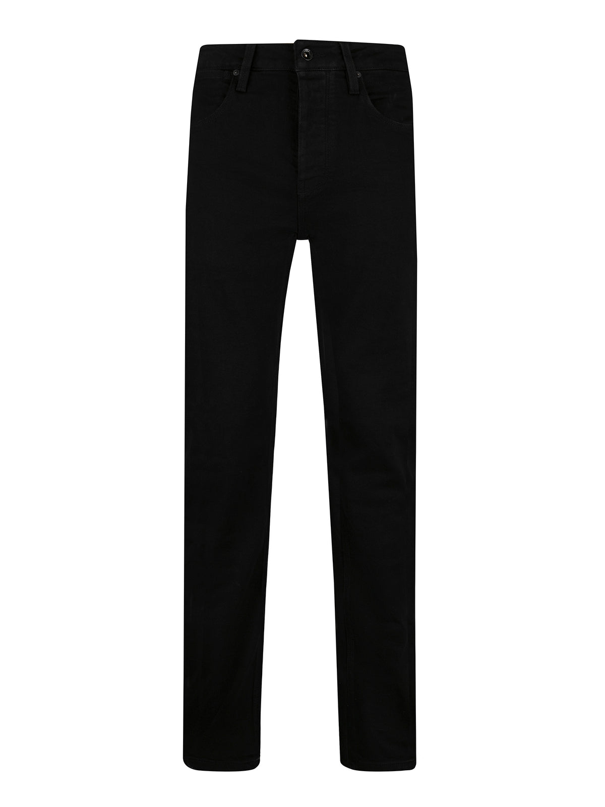 Men's black jeans, front view.