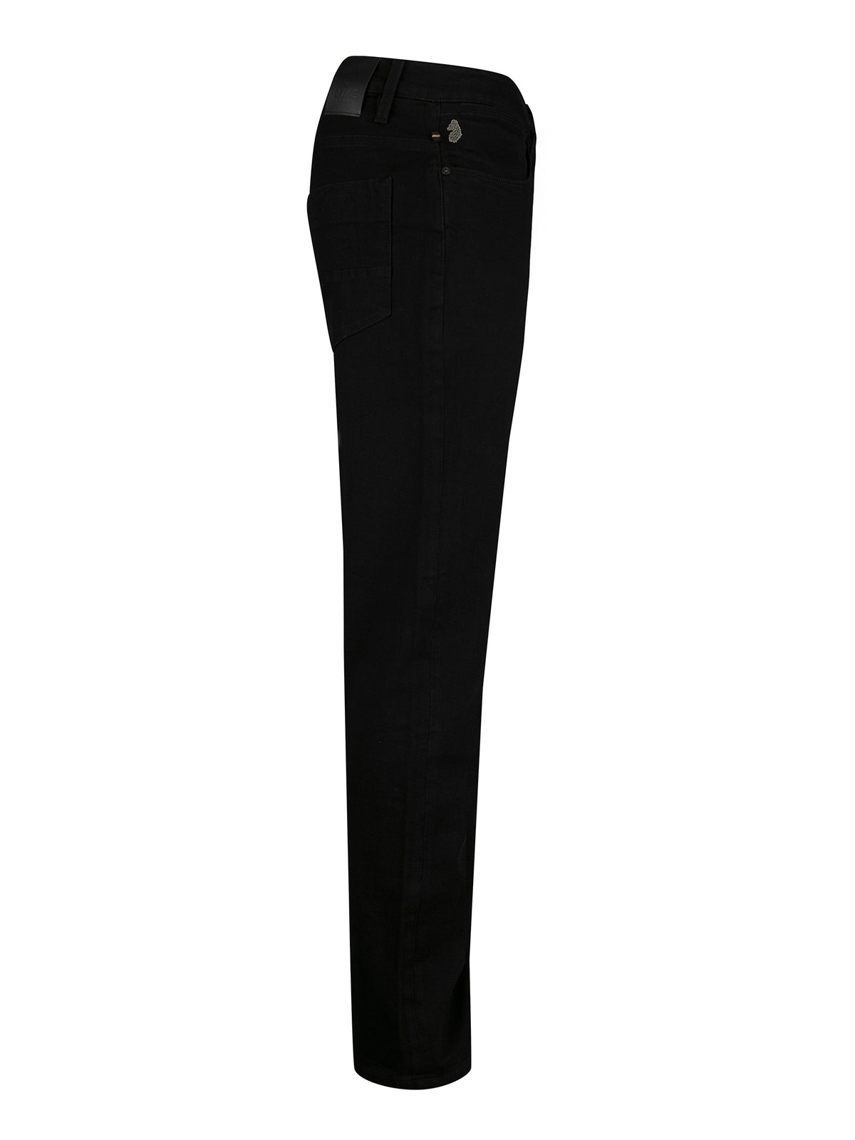 Men's black jeans, side view.