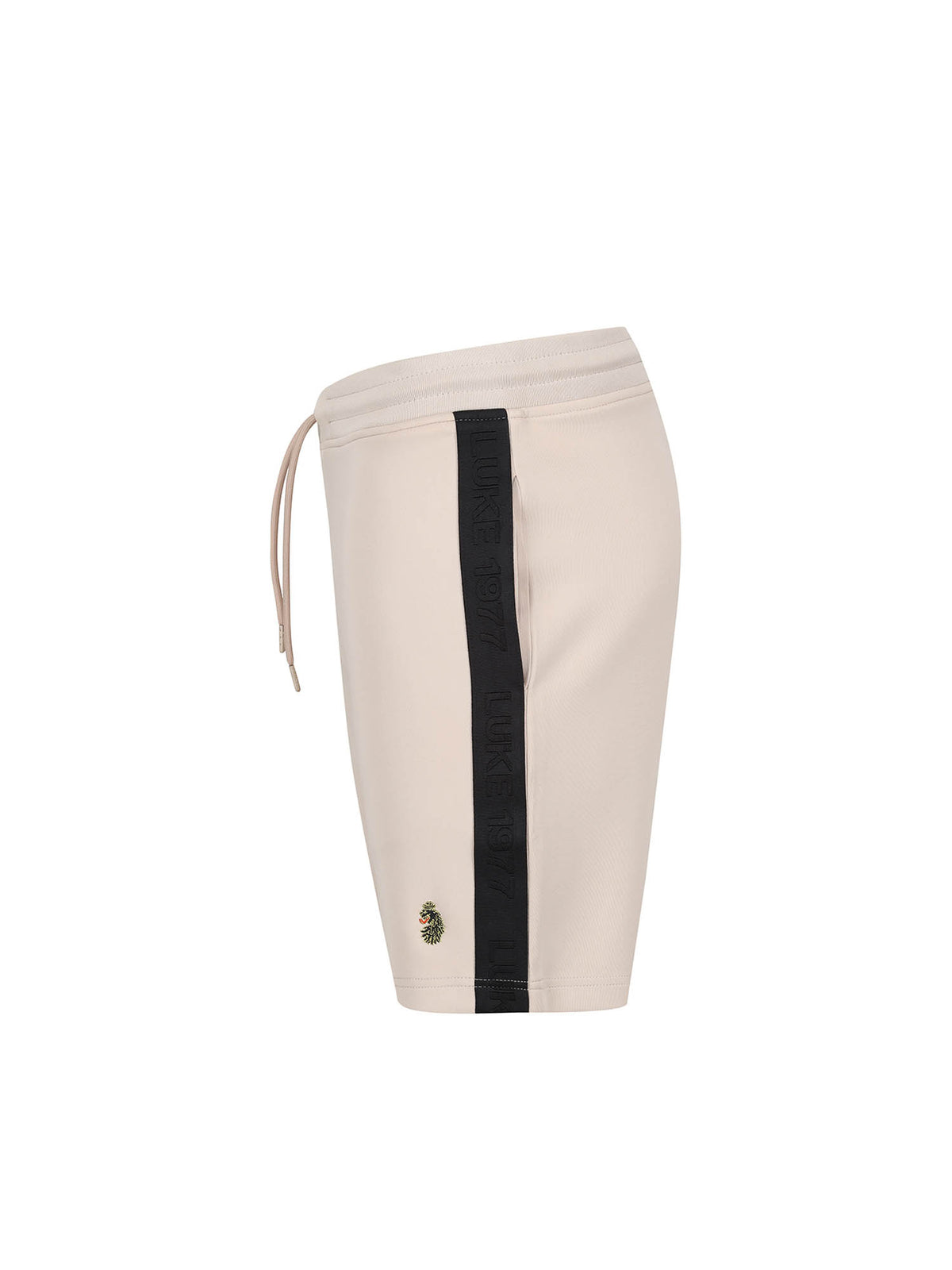 Side of stone LUKE 1977 TTTST tricot shorts showing contrast tape along the side seam