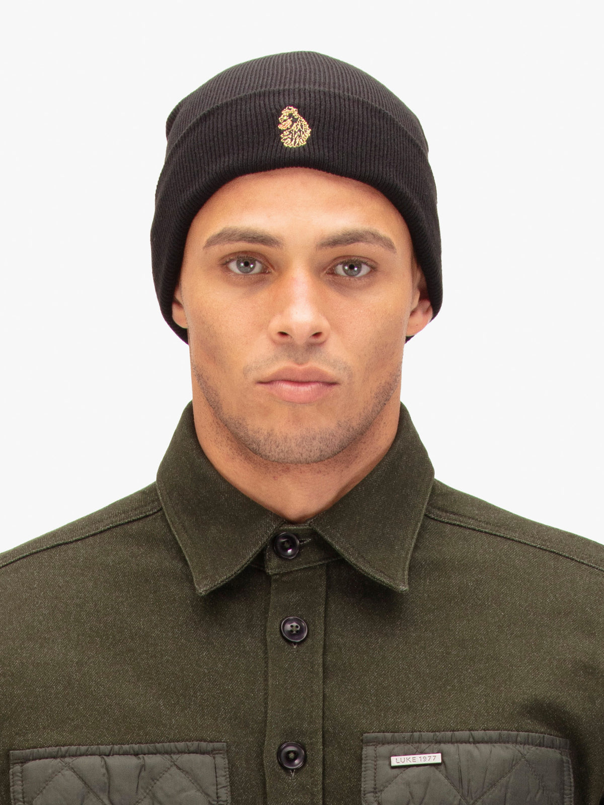 Men's black beanie.
