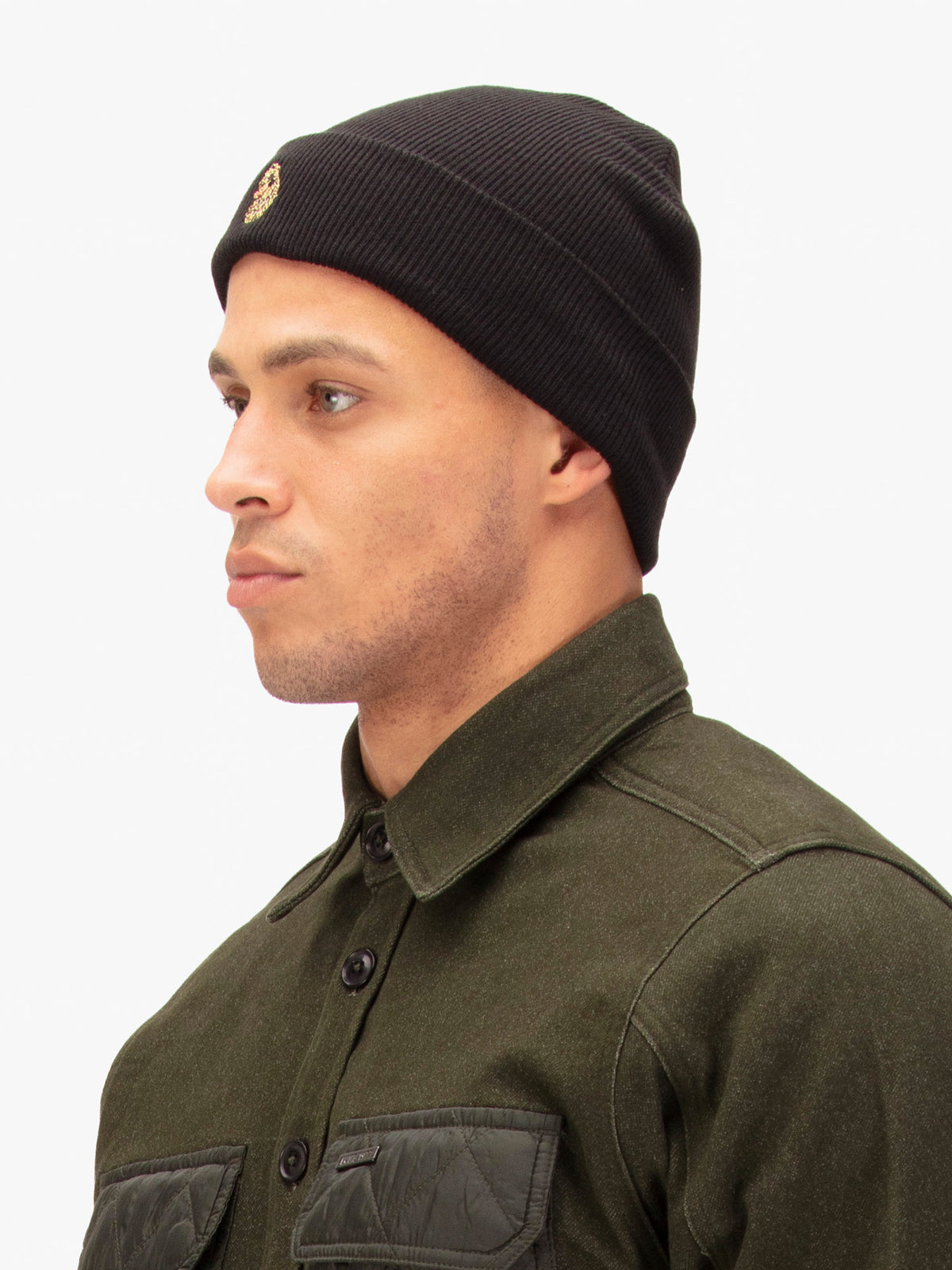 Men's black beanie.
