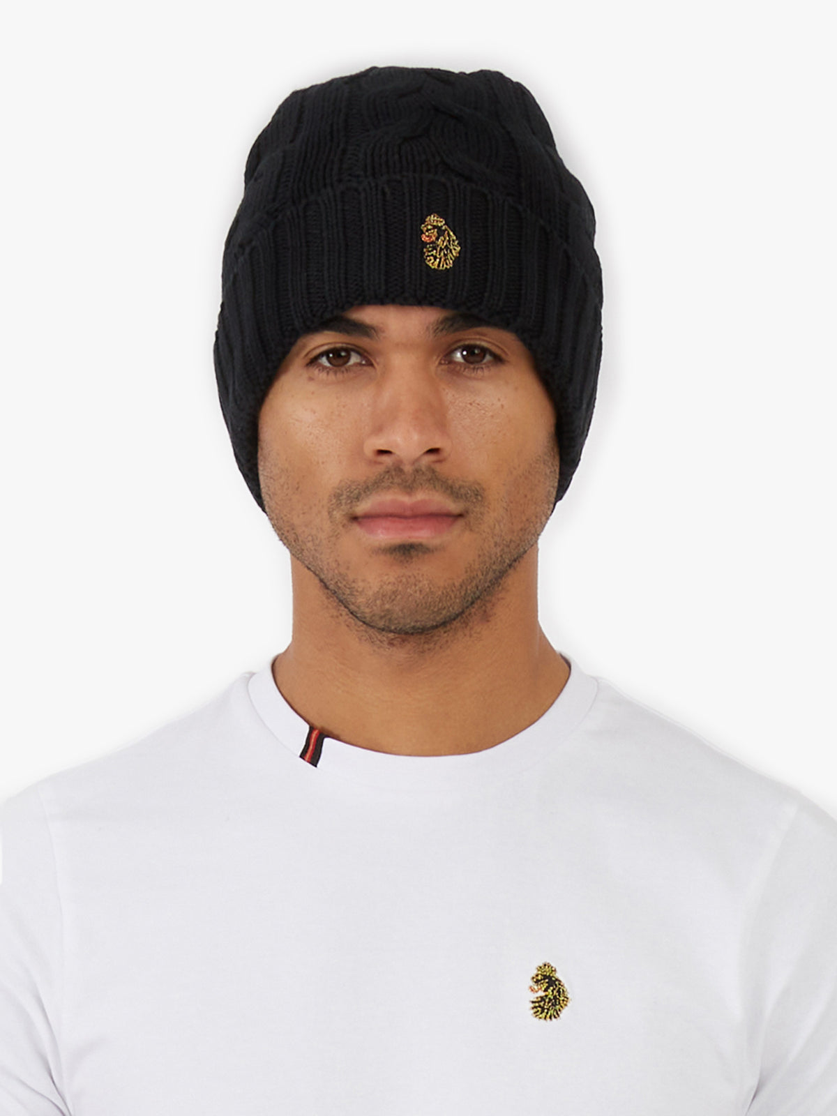 Men's black beanie.