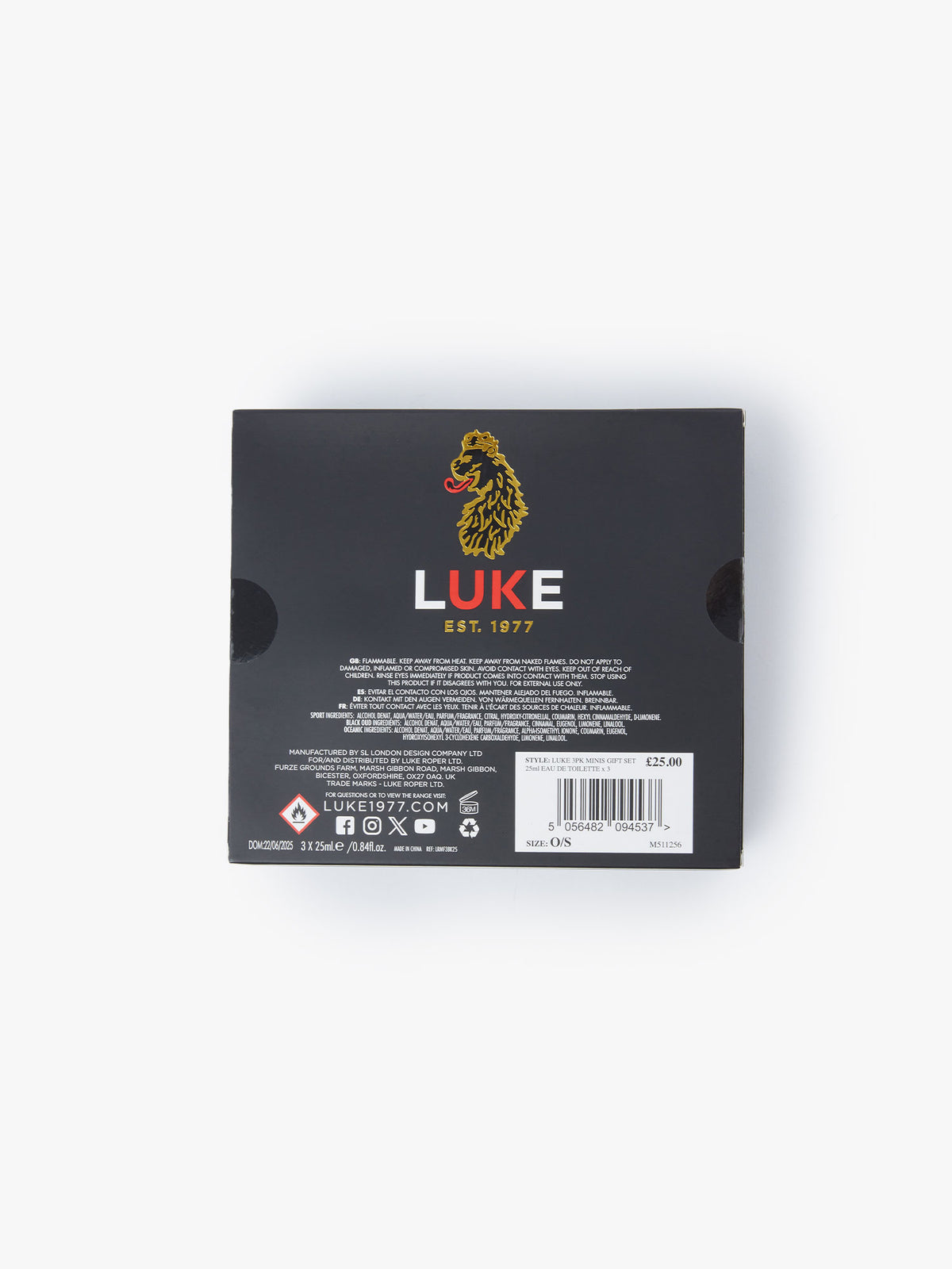 Back of LUKE Minis 3 x 25ml eau de toilette gift set box