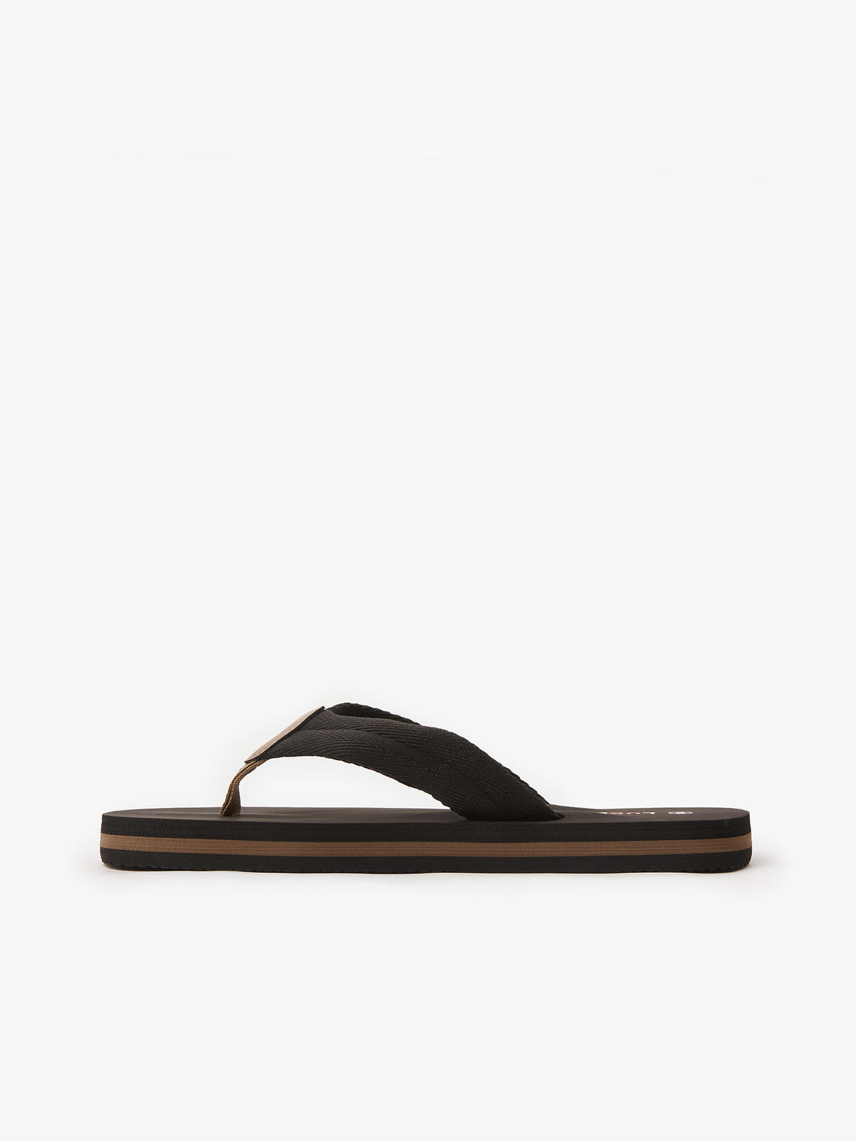 Men's black flip flops.