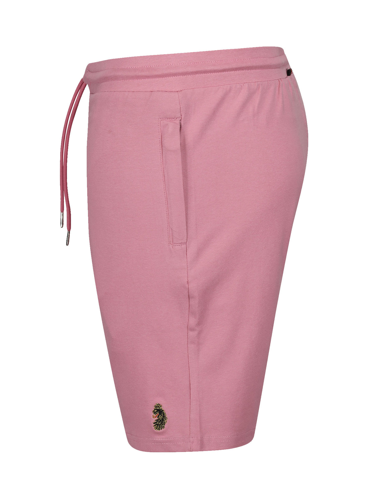 Men's pink shorts with drawstring waistband.
