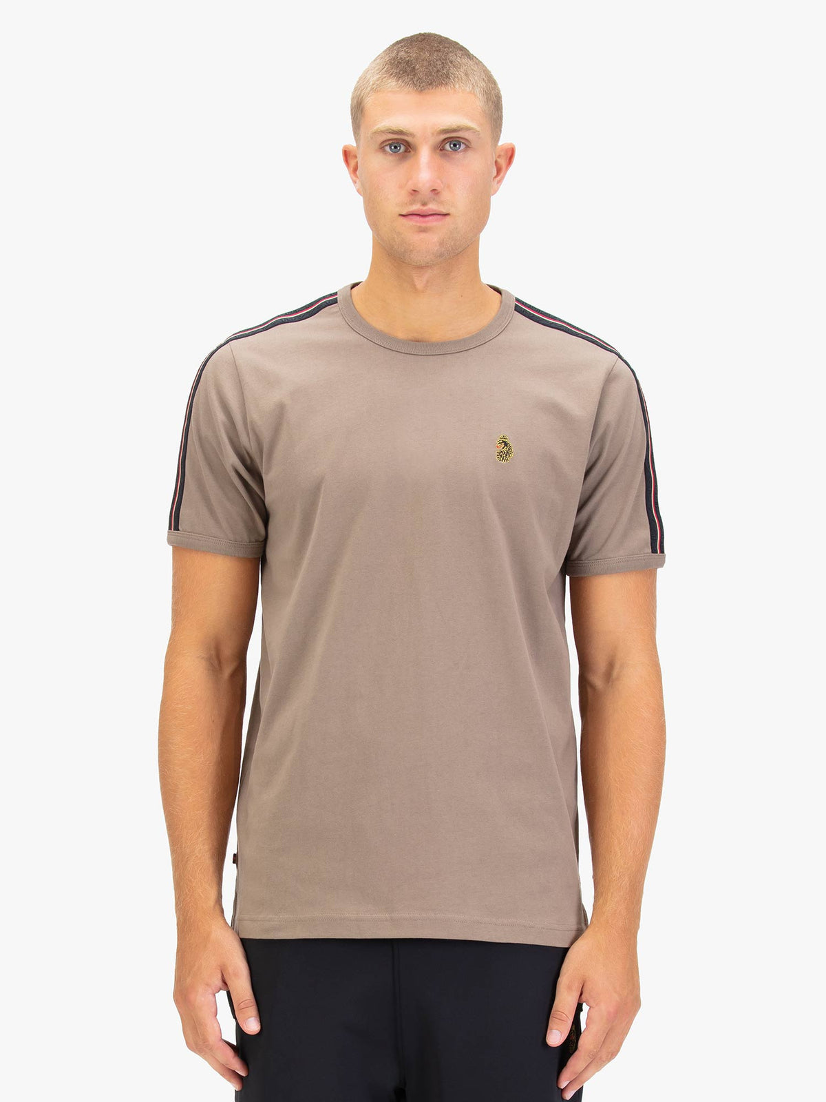 Men's brown t-shirt with crew neck and short sleeves, worn by a model, front view