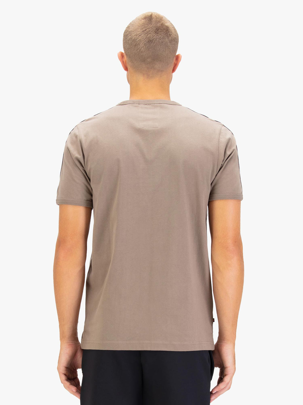 Men's brown t-shirt with crew neck and short sleeves, worn by a model, back view