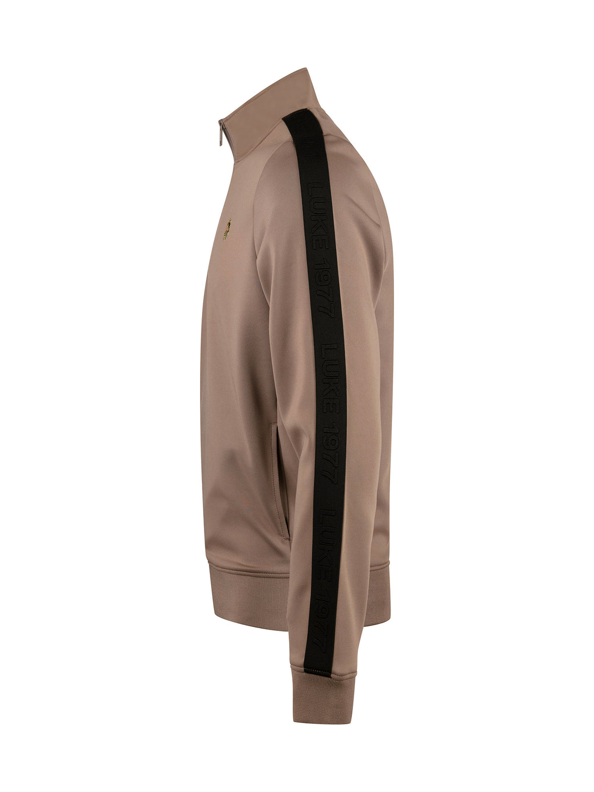 Side of brown LUKE 1977 TTTQR sweatshirt with contrast black LUKE 1977 trim tape along the sleeve