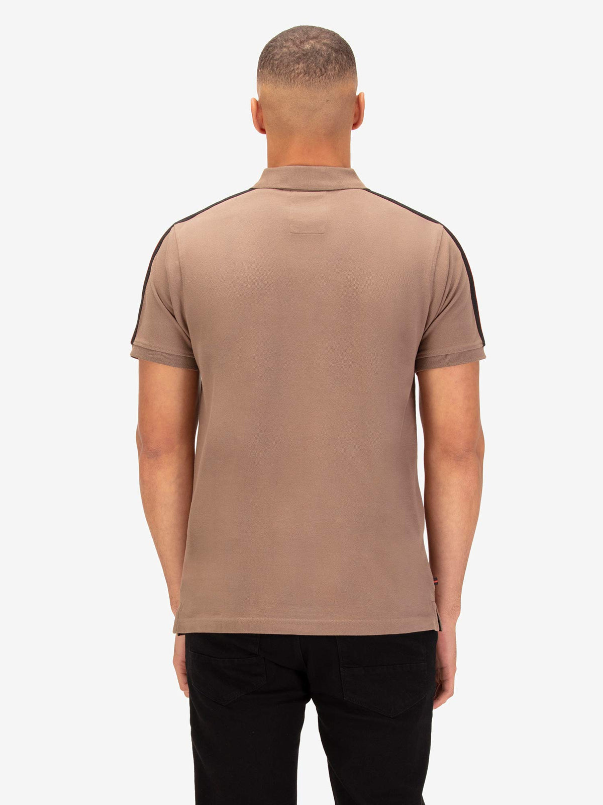 Men's brown polo shirt with polo collar, worn by a model, back view