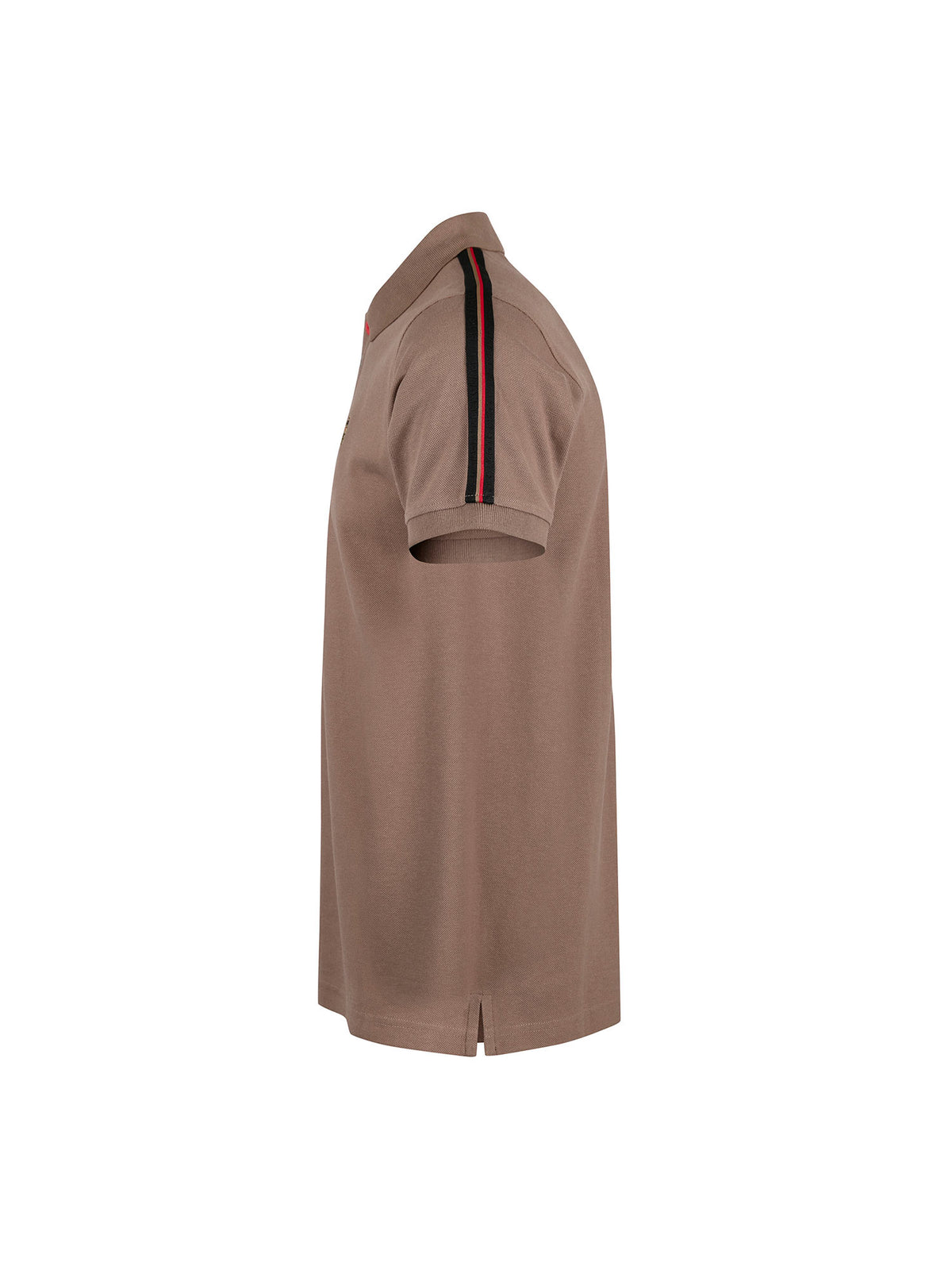 Men's brown polo shirt with polo collar, side view