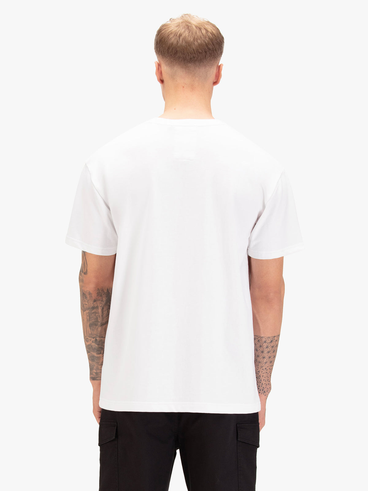 Men's relaxed-fit white t-shirt with crew neck and short sleeves, worn by a model, back view