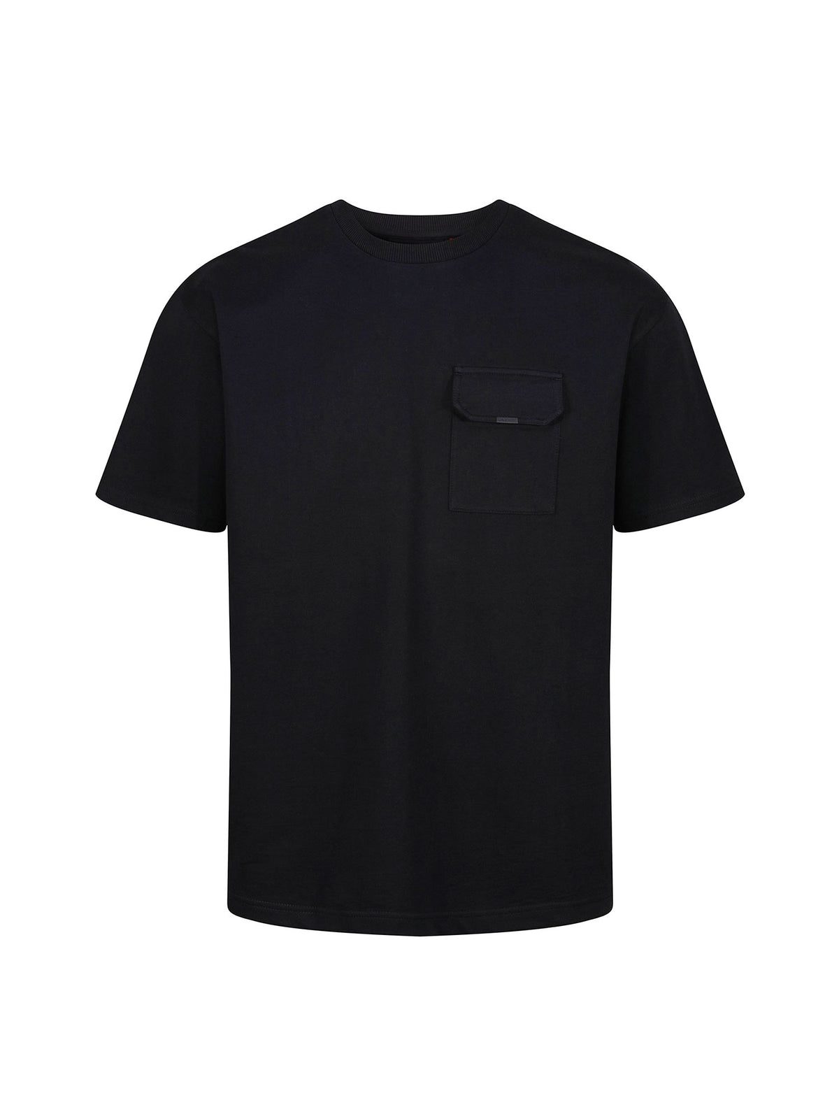 Boy's black t-shirt with crew neck and pocket, front view