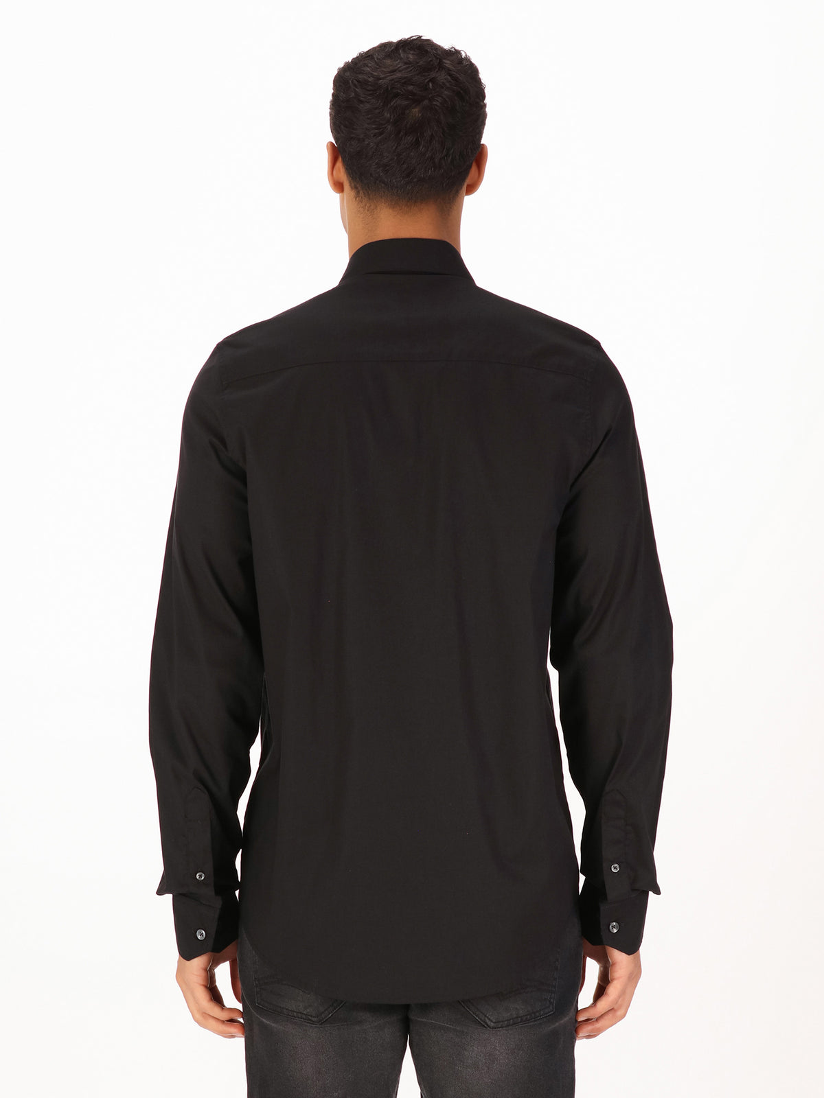 Men's black shirt with button-up front.