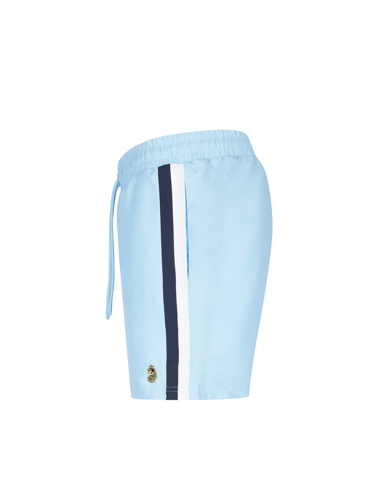 Men's blue-1 swim shorts with drawstring waistband, side view
