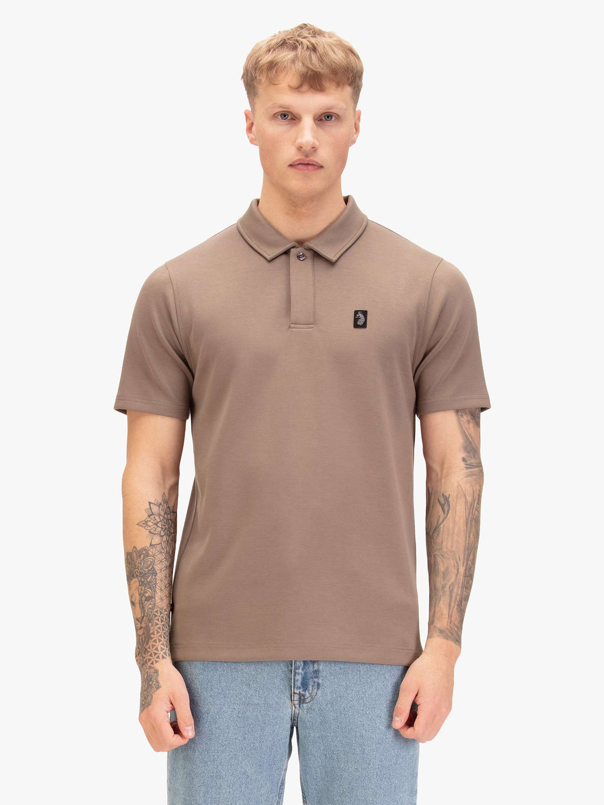 Men's brown polo shirt with polo collar, worn by a model, front view