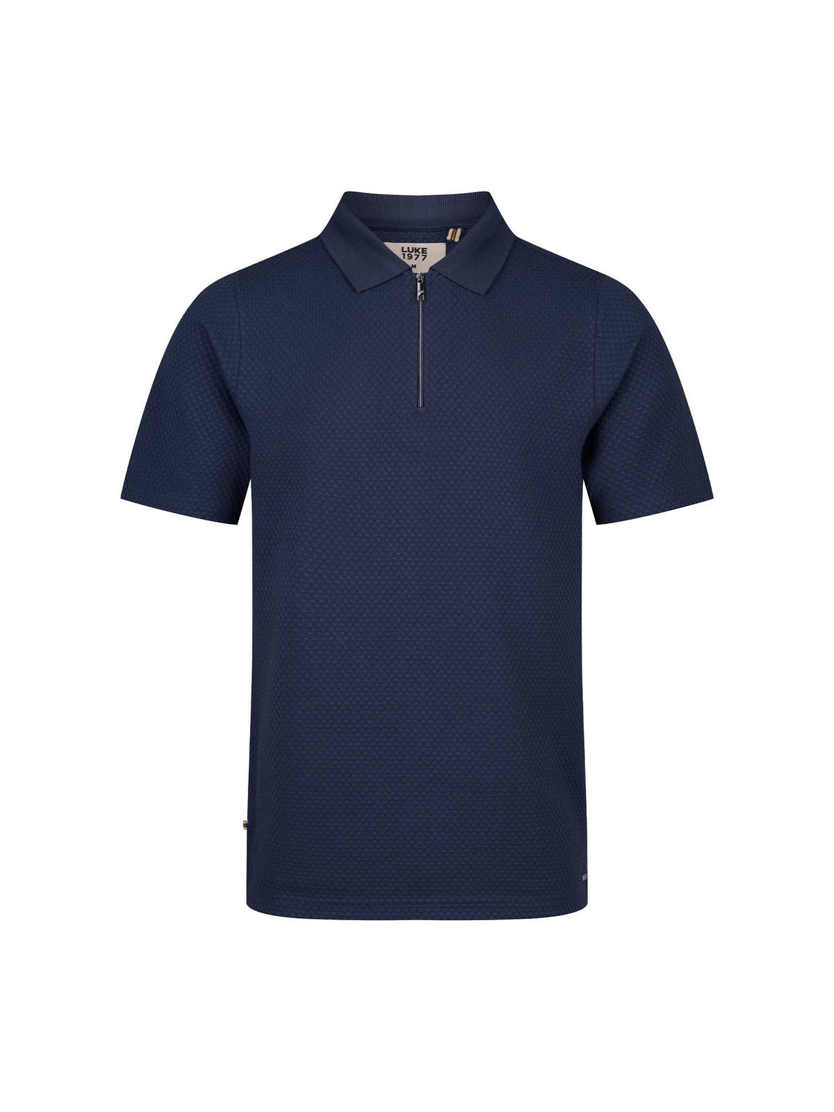 Men's navy polo shirt with zip collar, front view