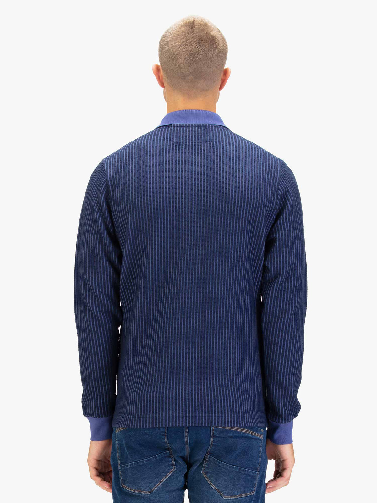 Men's navy polo shirt with polo collar.