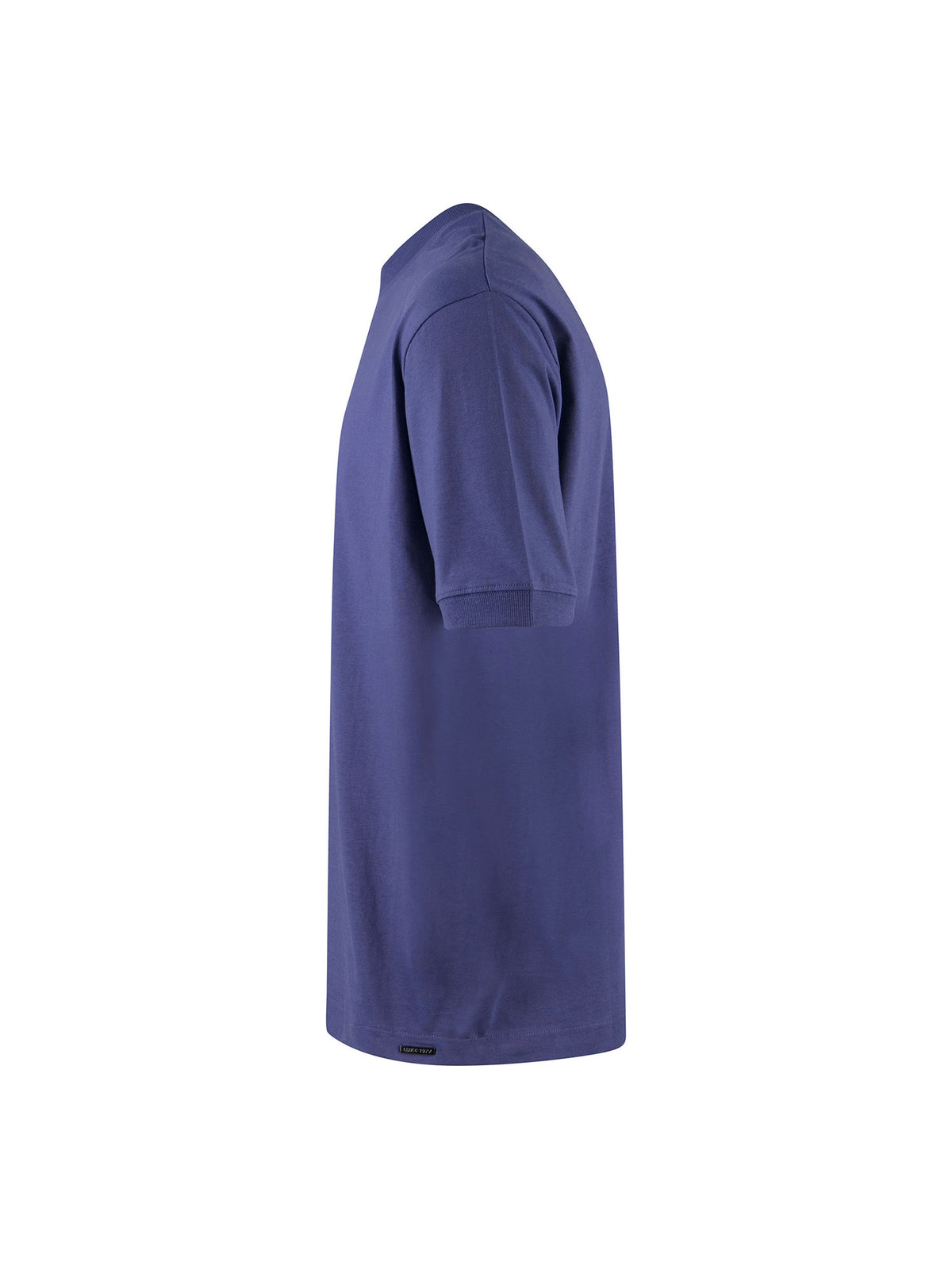 Men's purple t-shirt with crew neck and short sleeves worn by a model - side view.