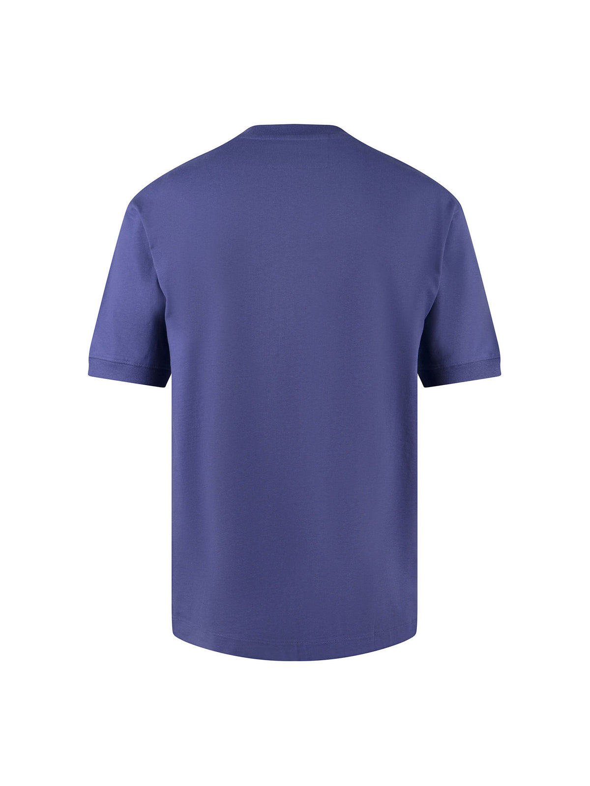 Men's purple t-shirt with crew neck and short sleeves worn by a model - front view.