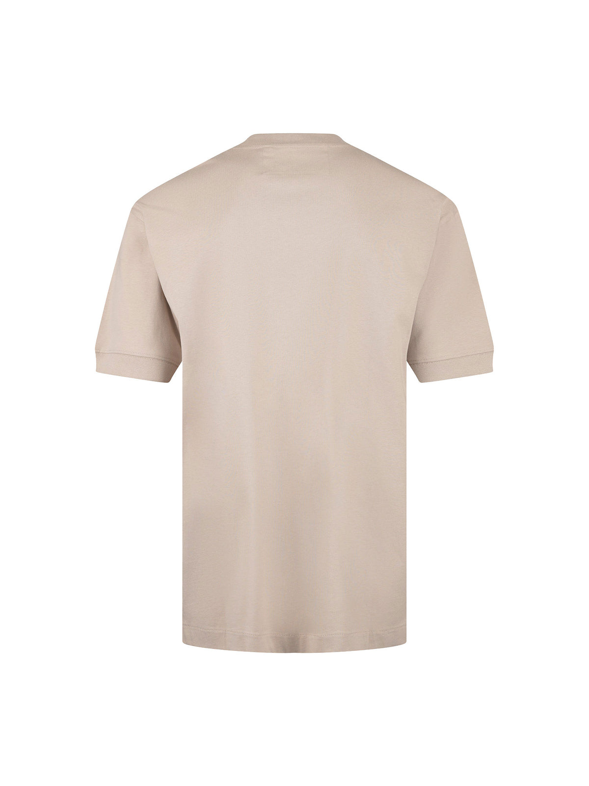 Men's relaxed-fit beige t-shirt with crew neck and short sleeves, side view