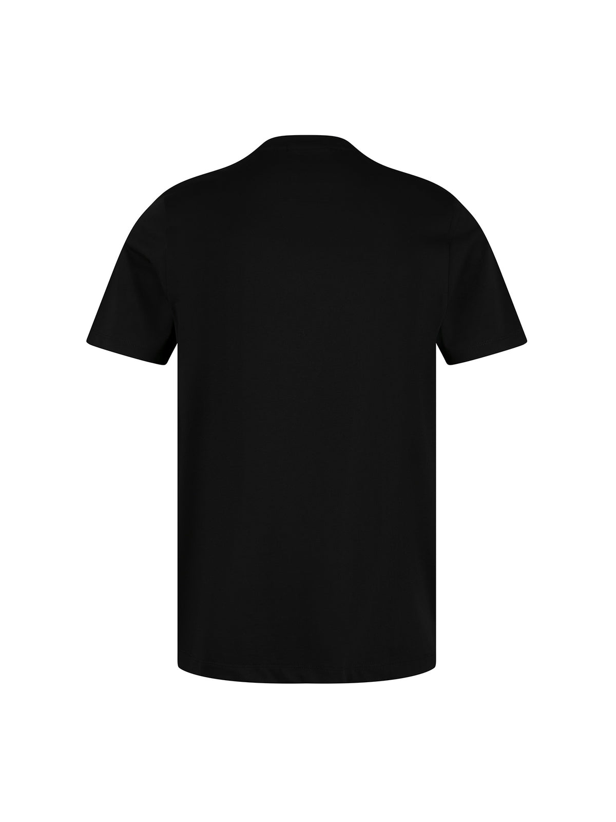Men's black t-shirt with crew neck and short sleeves, side view