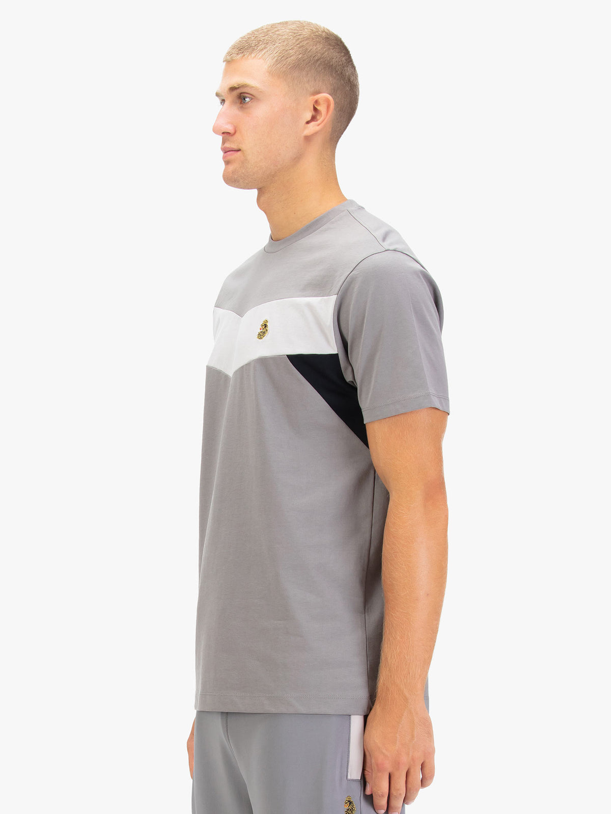 Men's grey t-shirt with crew neck and short sleeves, back view