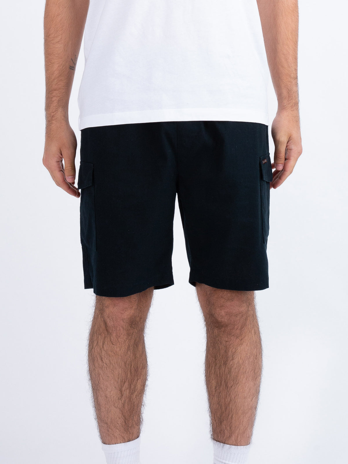 Men's navy shorts with drawstring waistband.
