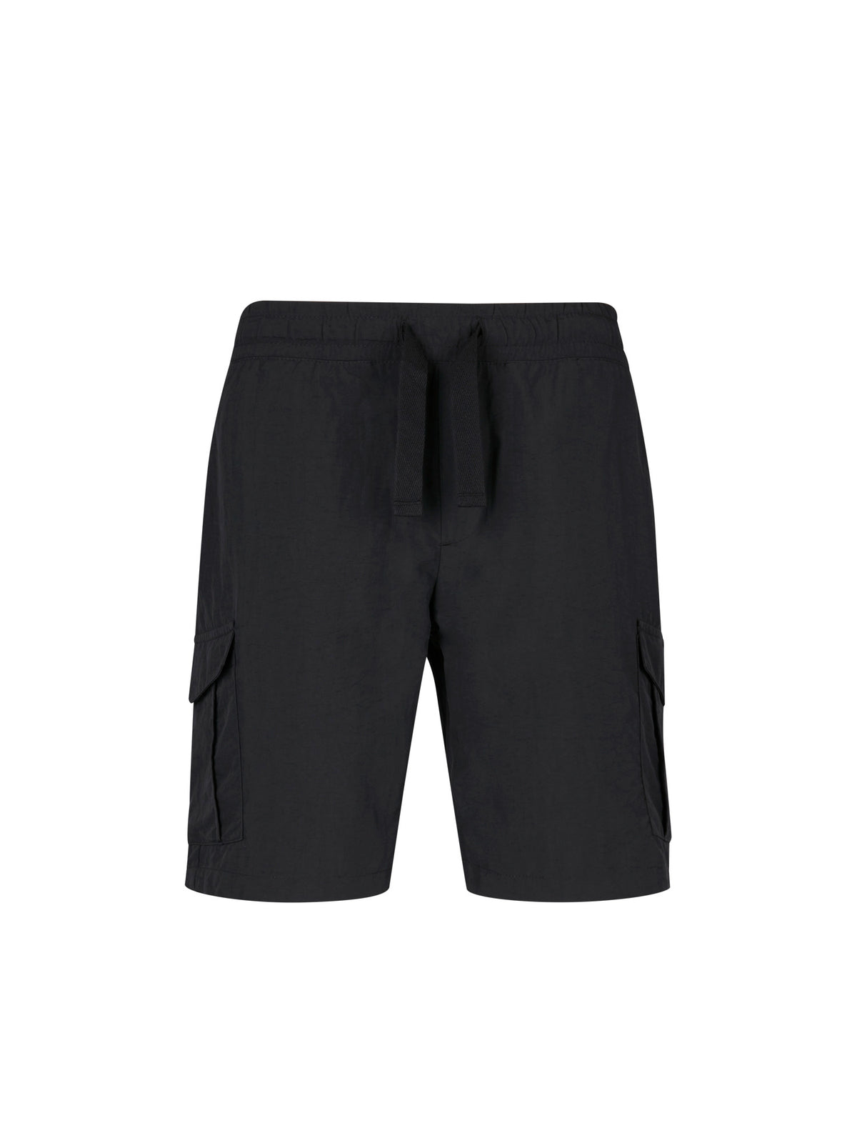 Men's black shorts with elasticated waistband, front view