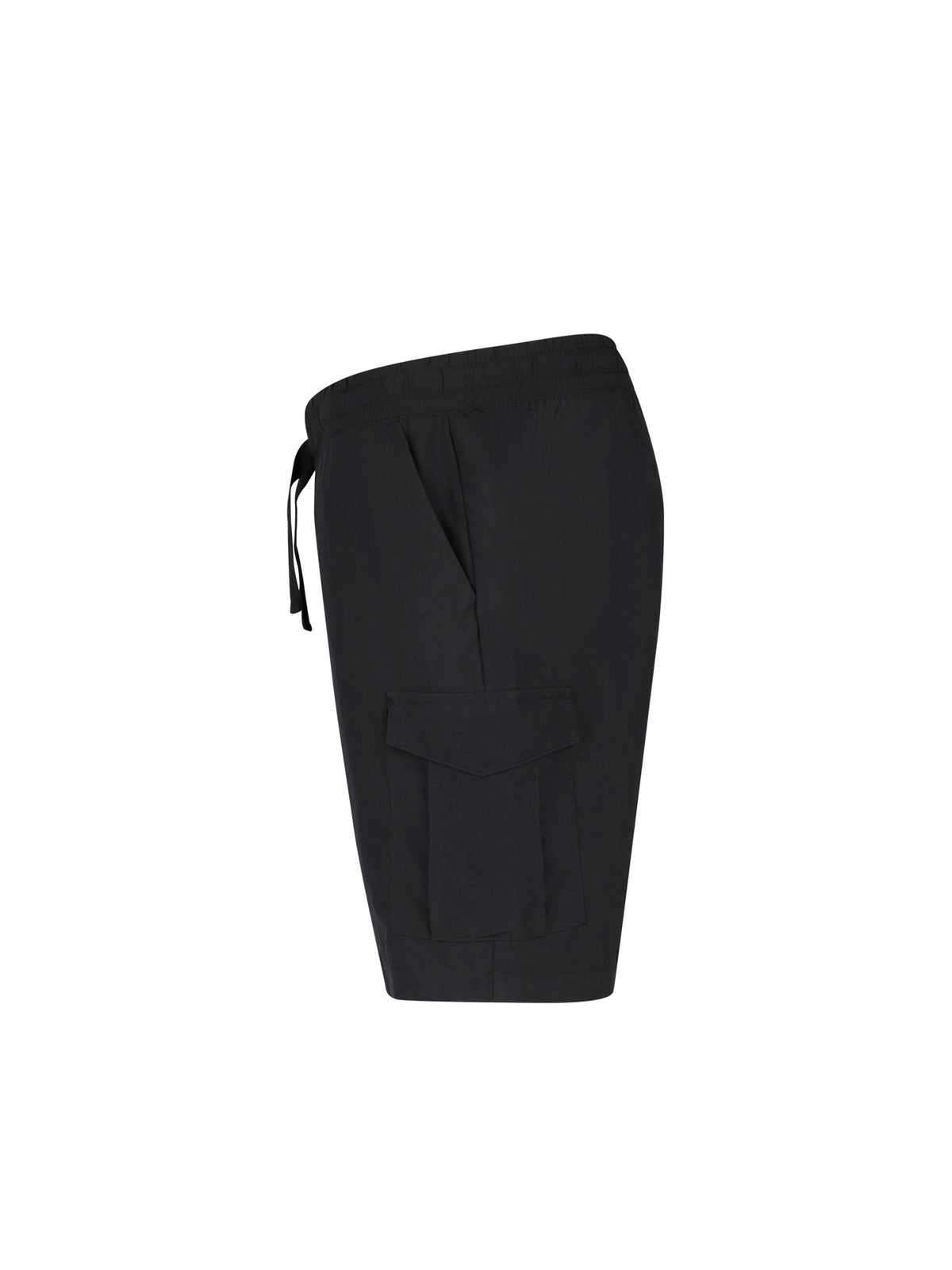 Men's black shorts with elasticated waistband, side view