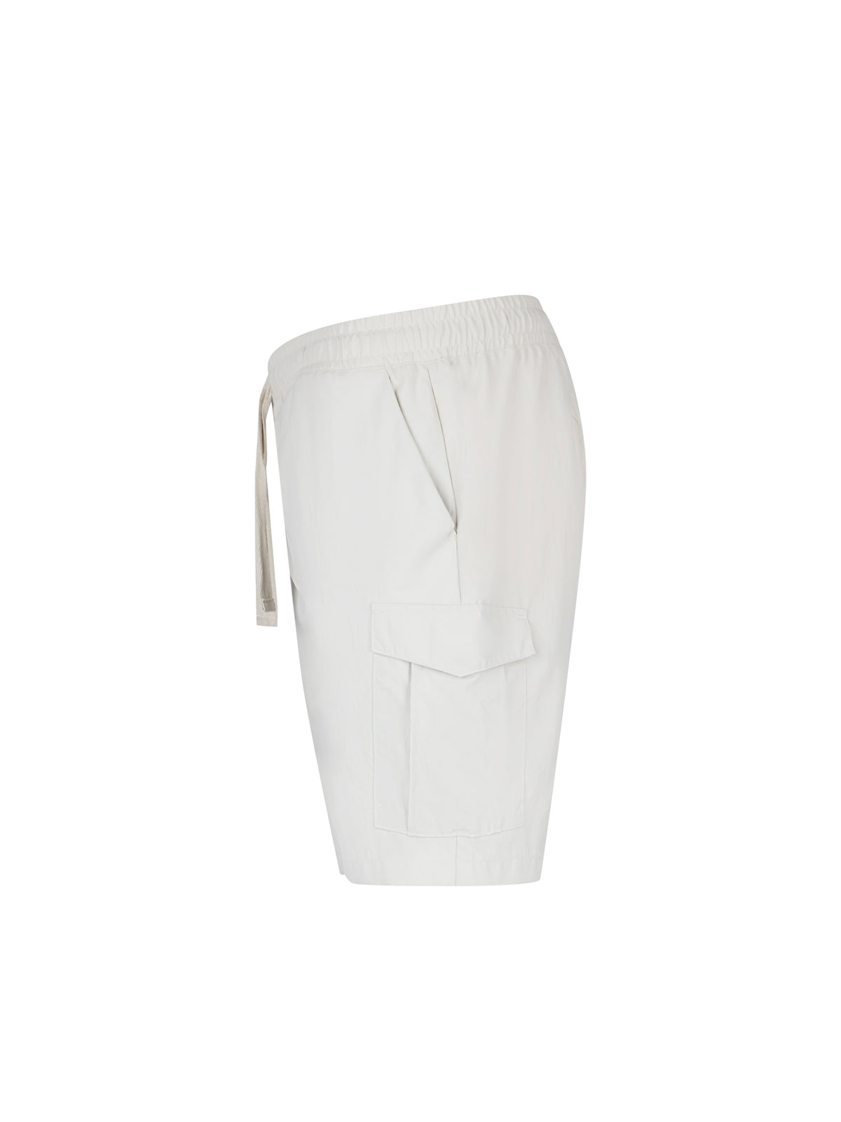 Men's grey shorts with elasticated waistband, side view