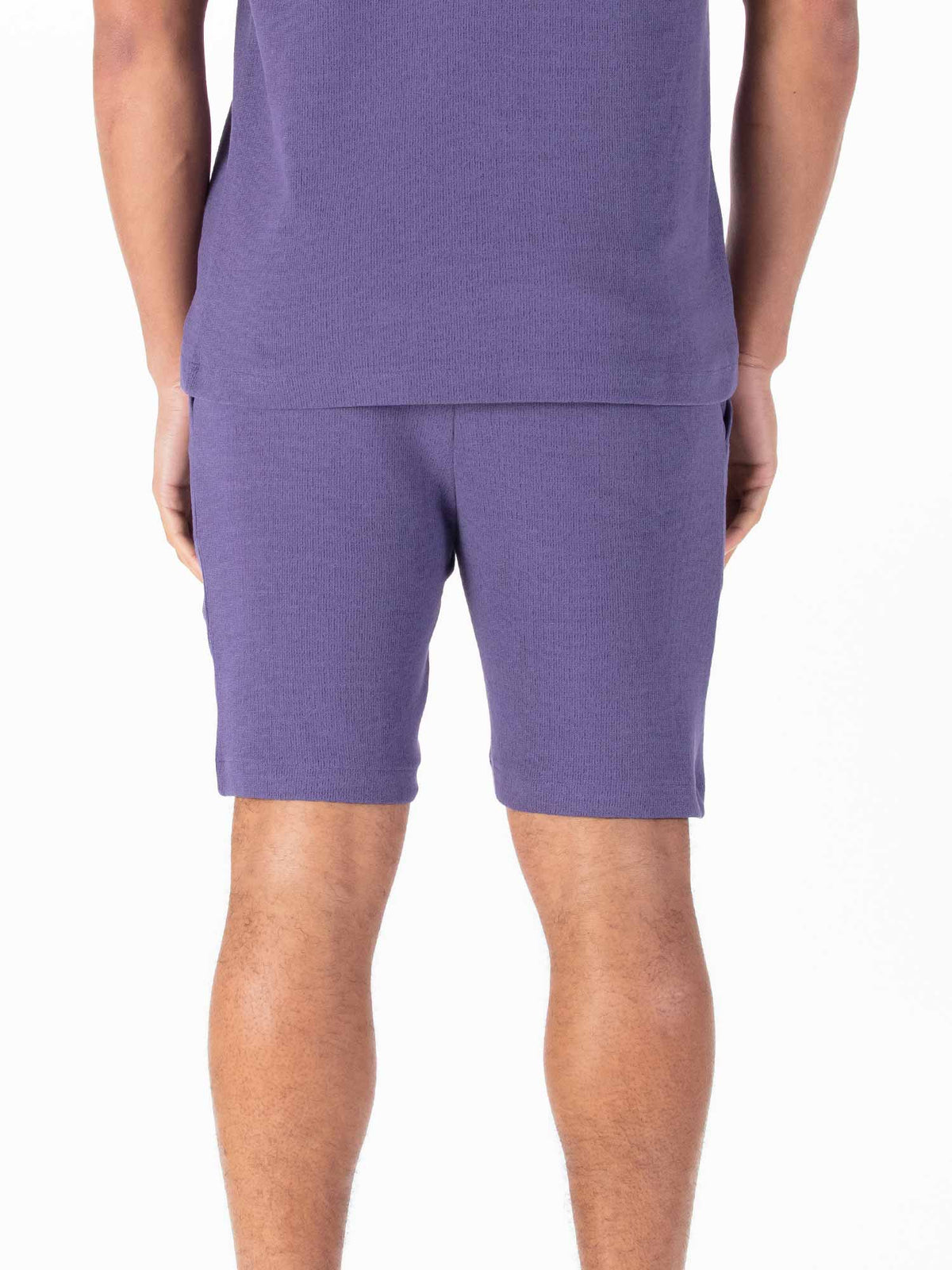 Men's purple shorts with drawstring waistband.