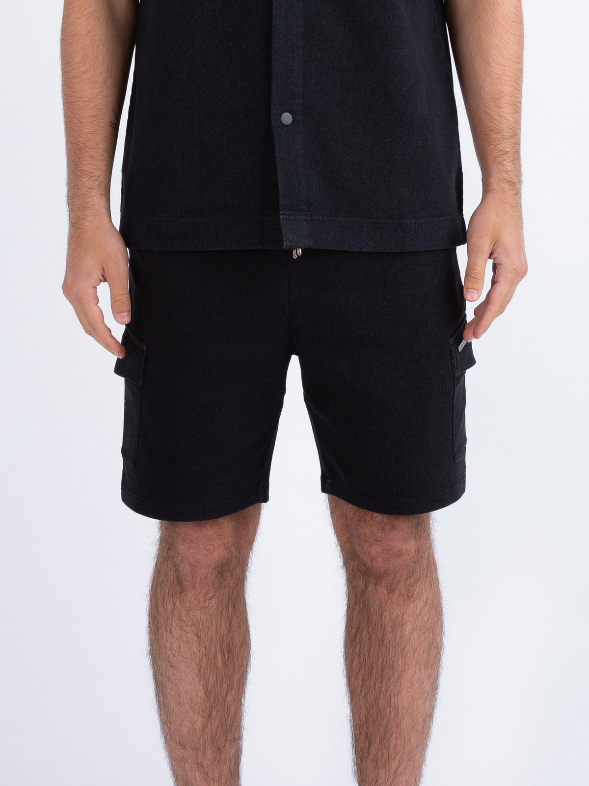 Men's grey shorts with drawstring waistband.