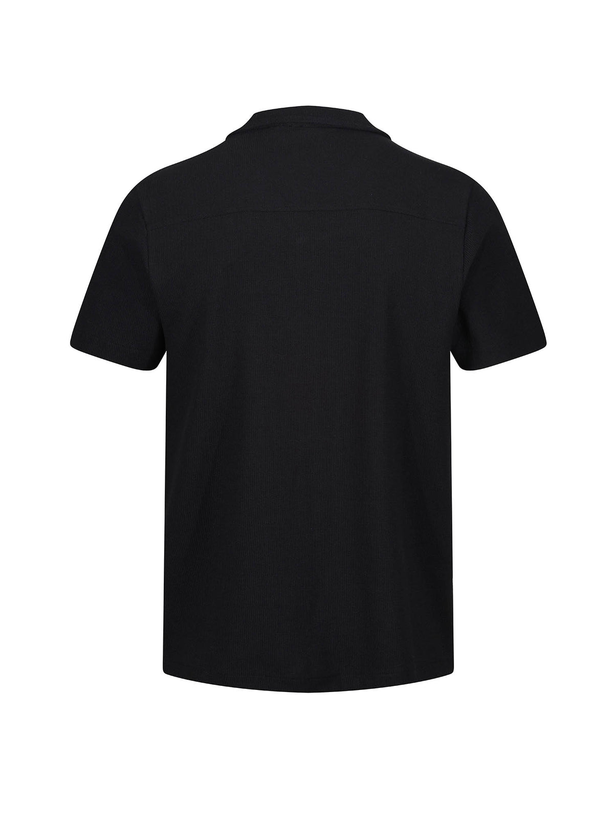 Men's black shirt with button-up front.