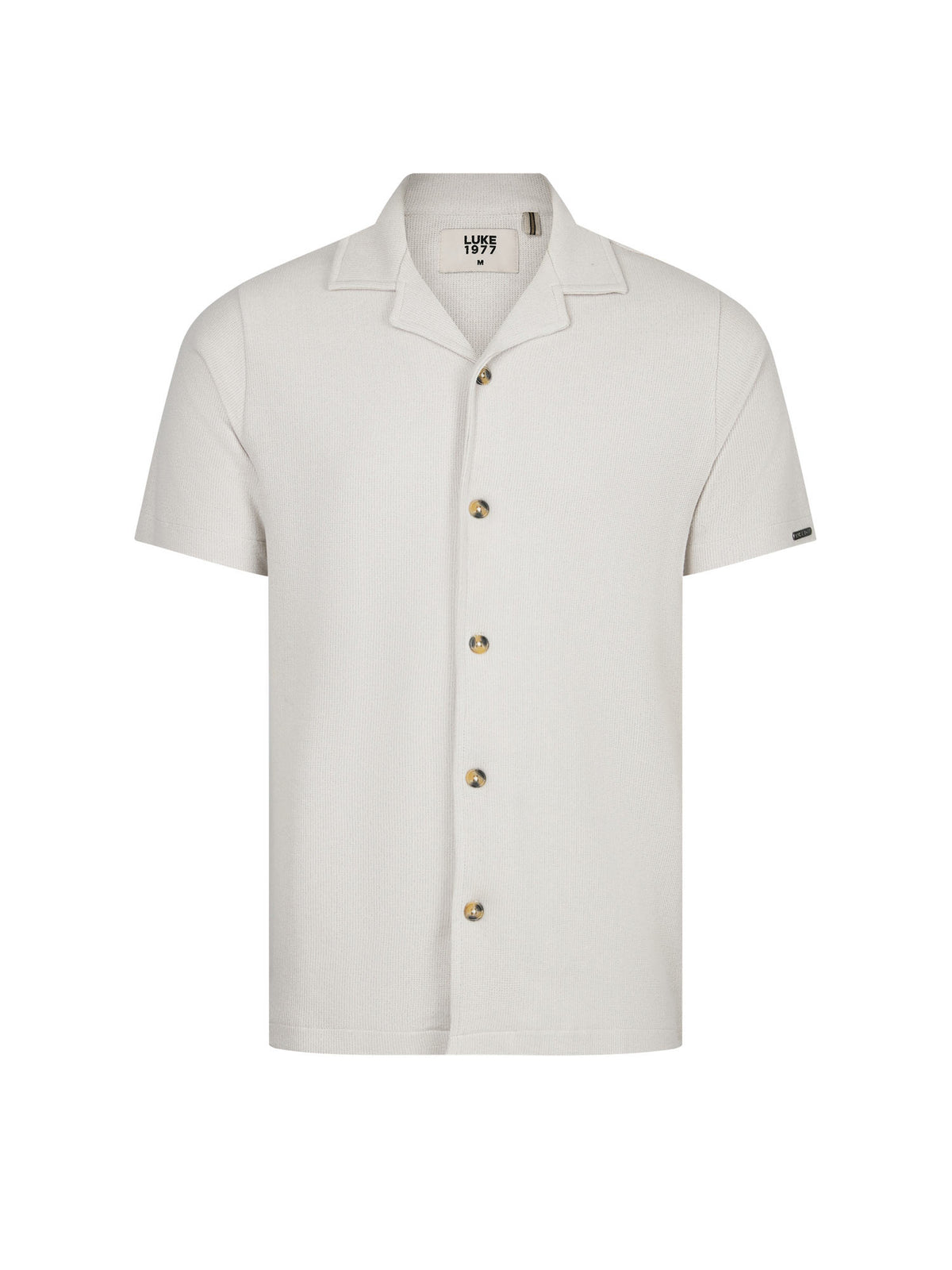 Men's grey shirt with Cuban collar and button-up front, front view