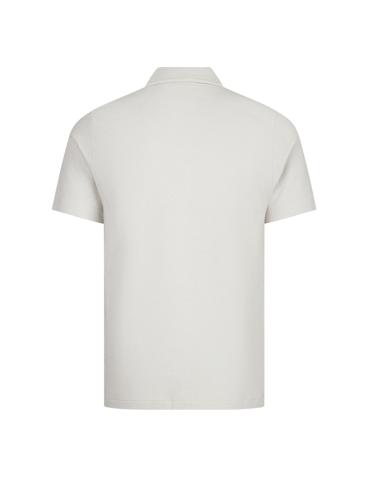 Men's grey shirt with Cuban collar and button-up front, back view
