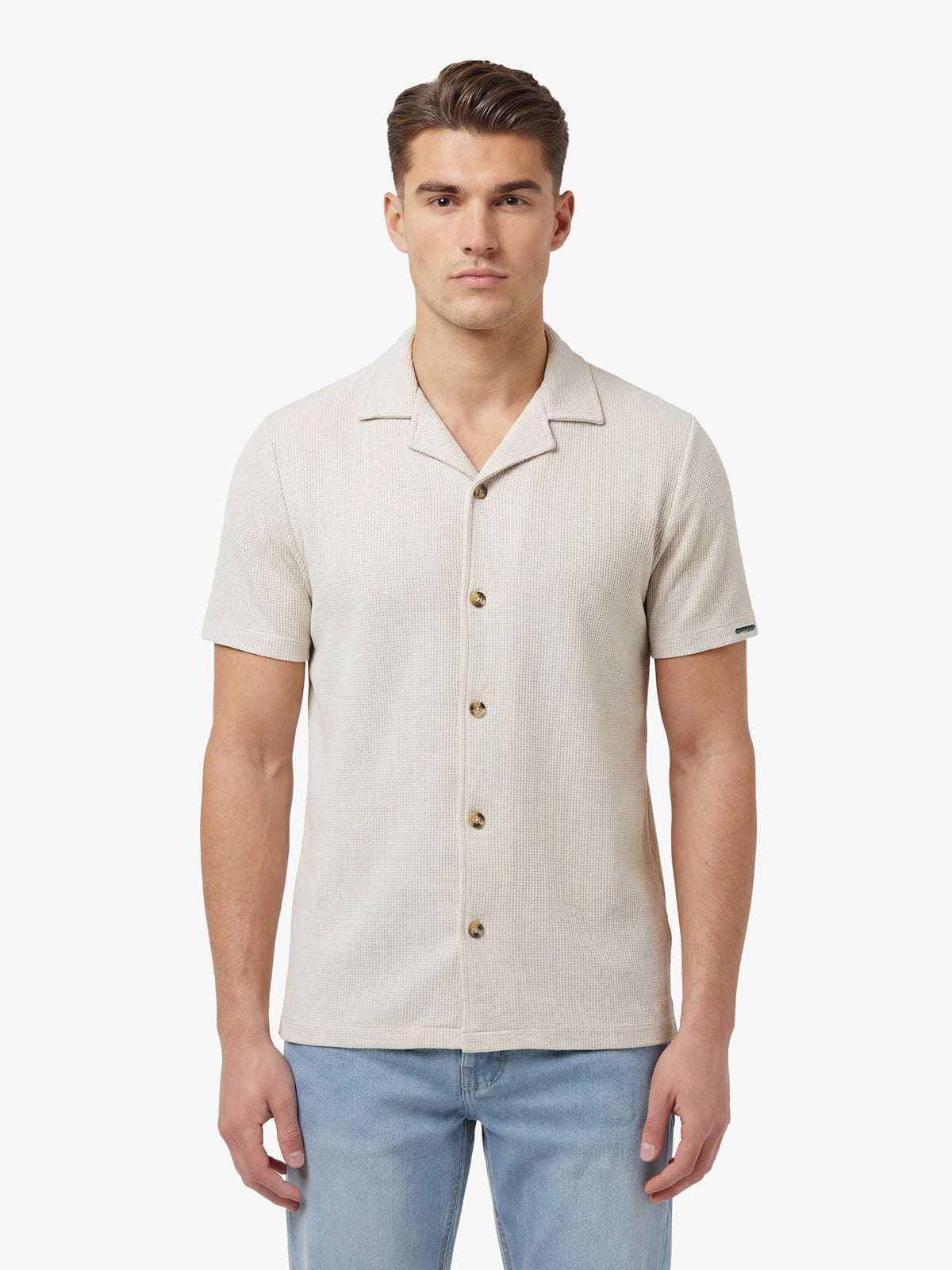 Men's grey shirt with Cuban collar and button-up front, front view