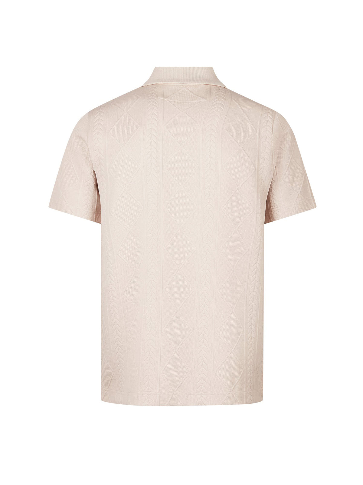 Men's beige polo shirt with polo collar, side view