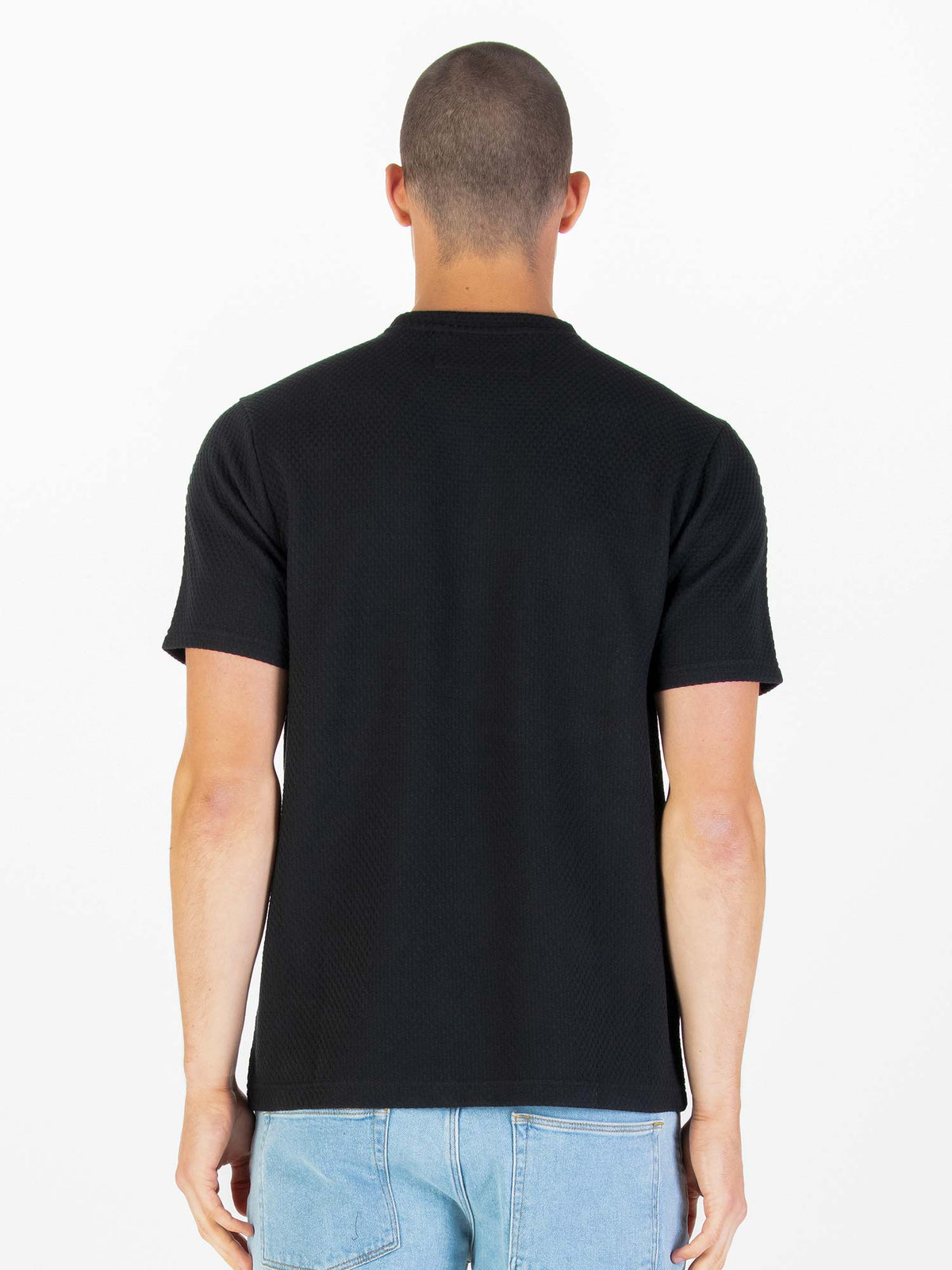 Men's black t-shirt with crew neck and short sleeves.