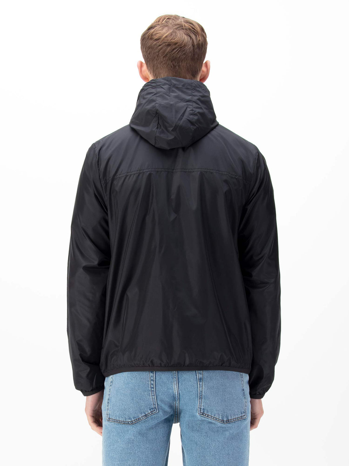 Men's black jacket with zip-up front.