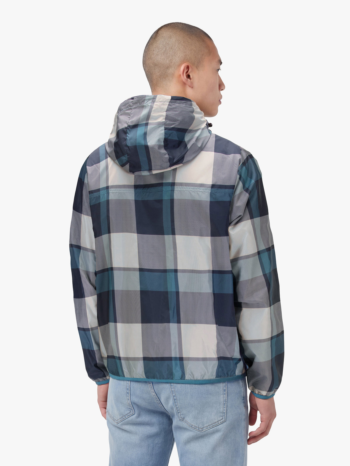 Men's blue jacket with zip-up front, back view
