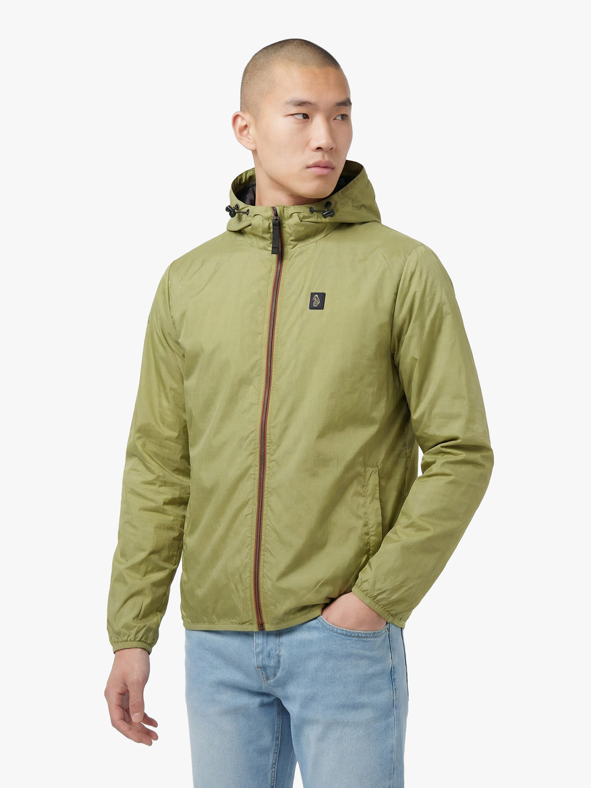 Men's green jacket with zip-up front, back view